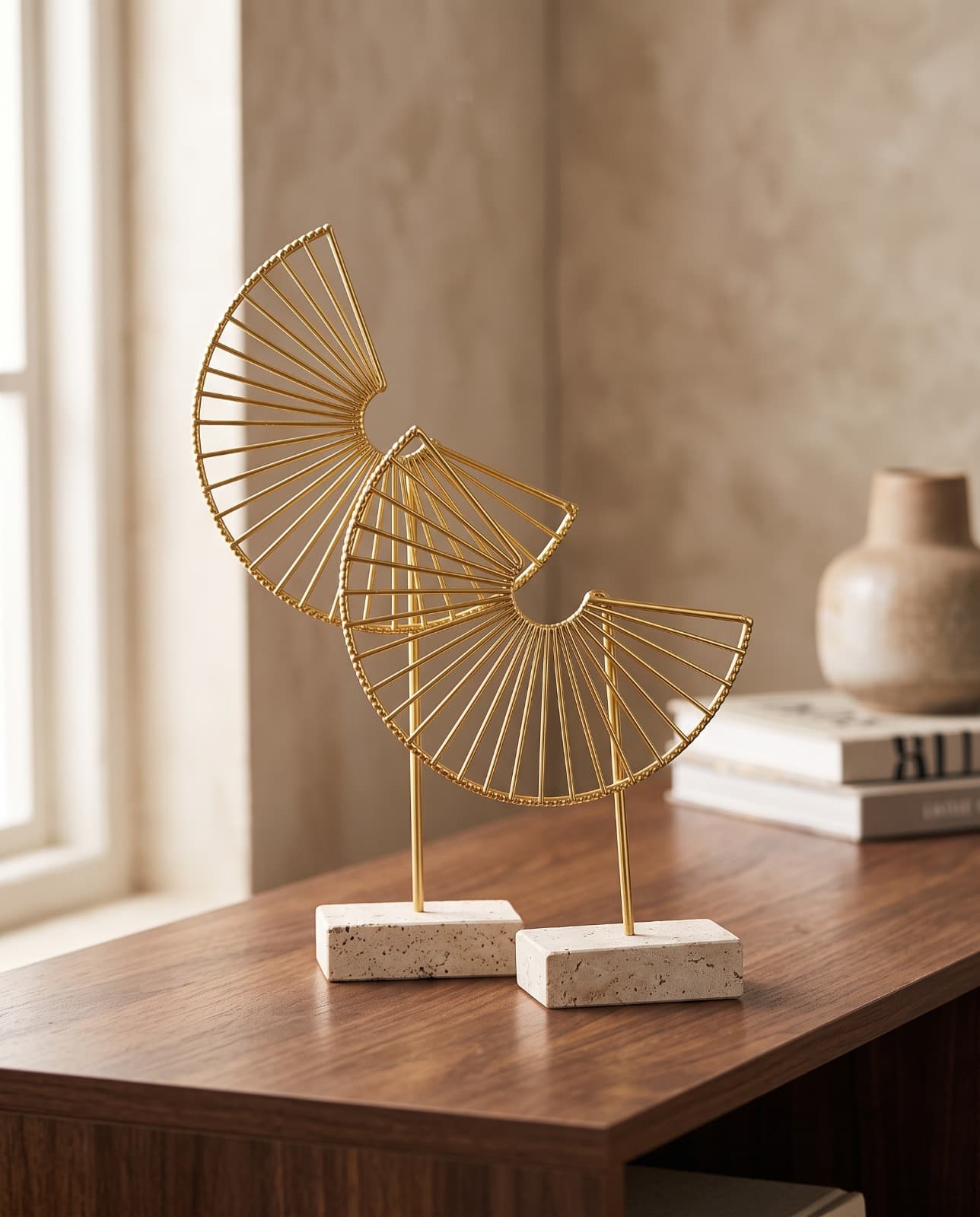 Modern Gold Wire Fan Sculptures with Stone Base