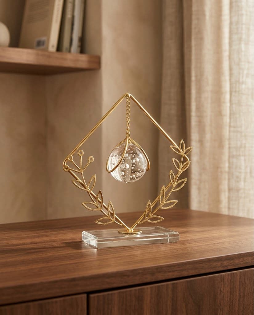Gold Botanical Rhombus Sculpture with Hanging Bubble Crystal