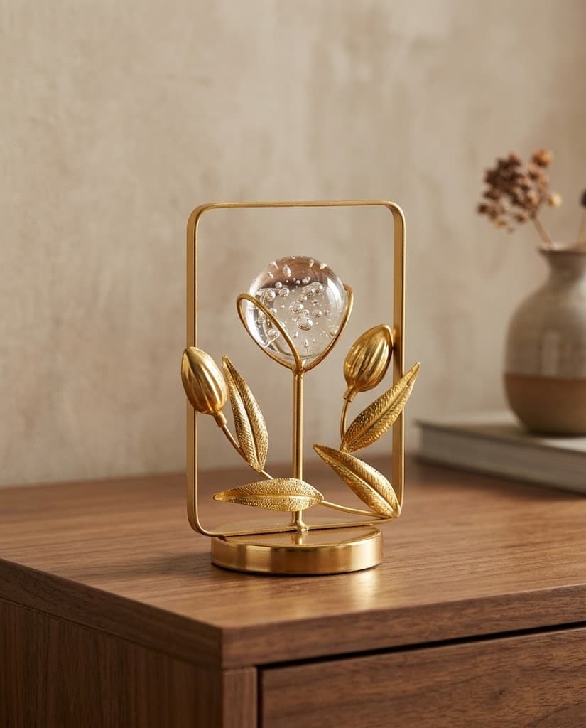Gold Botanical Frame Sculpture with Bubble Crystal Sphere