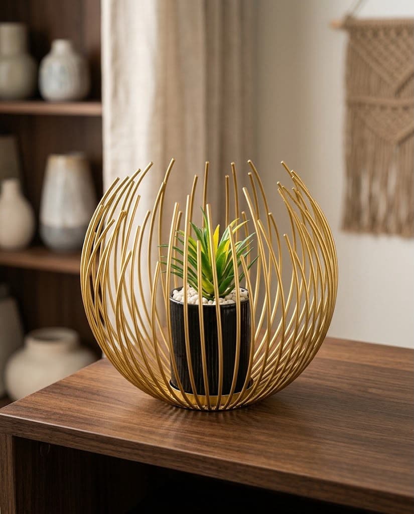 Modern Gold Wire Nest Tabletop Planter Stand
