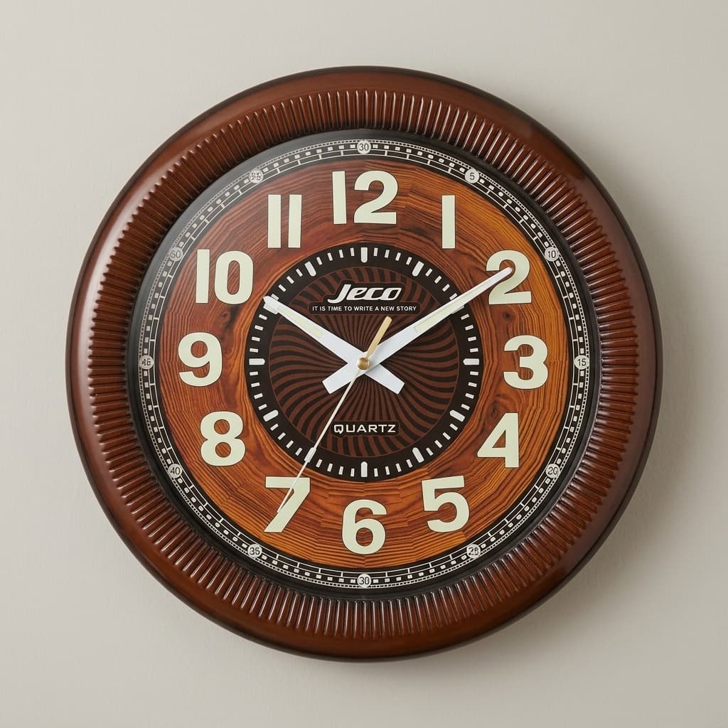 Vintage Fluted Brown Round Wall Clock with Wood-Grain Dial