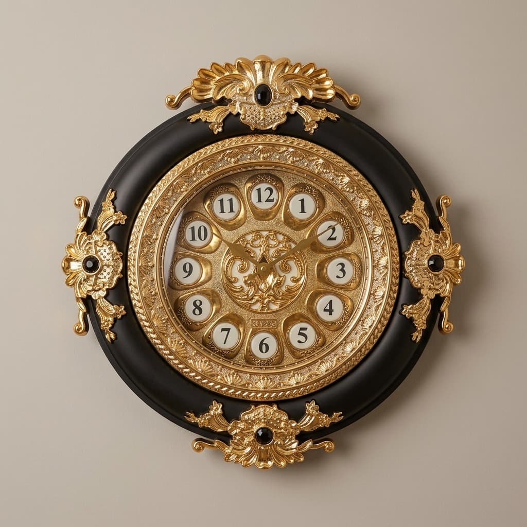 Vintage Baroque Ornate Gold and Black Wall Clock