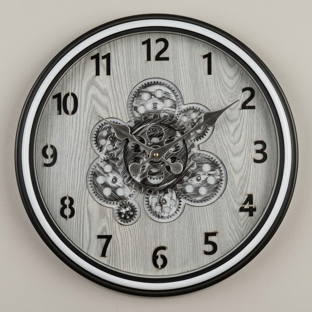 Whitewash Wood and Silver Moving Gear Wall Clock