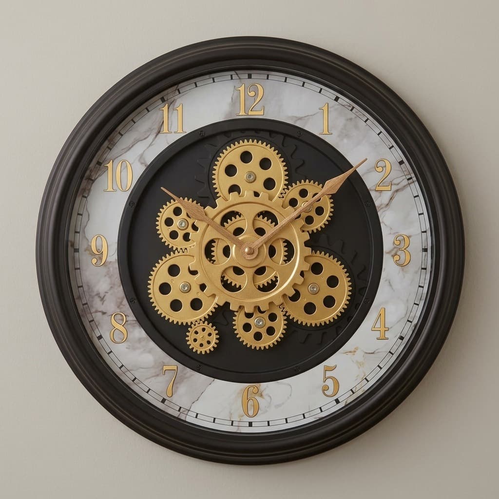 Faux Marble and Gold Moving Gear Wall Clock