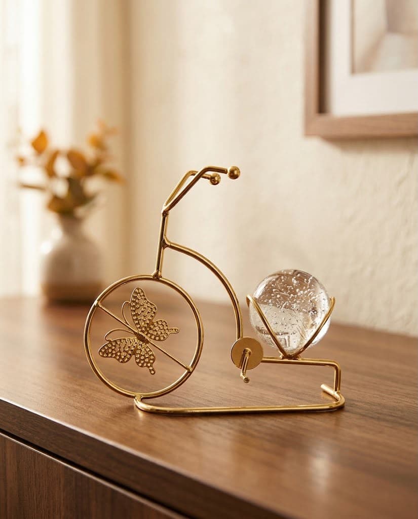 Gold Wire Bicycle Sculpture with Butterfly & Bubble Crystal Sphere