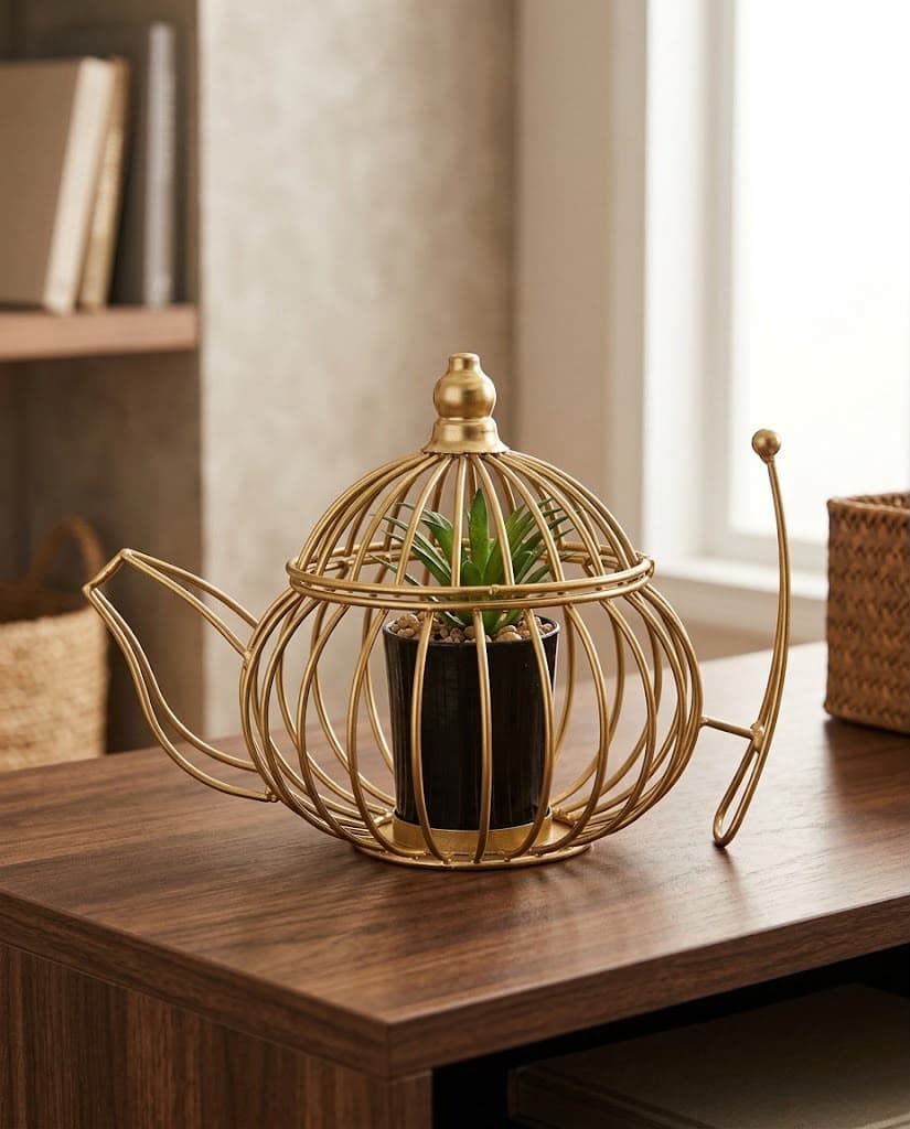 Teapot-Shaped Gold Wire Tabletop Planter Stand
