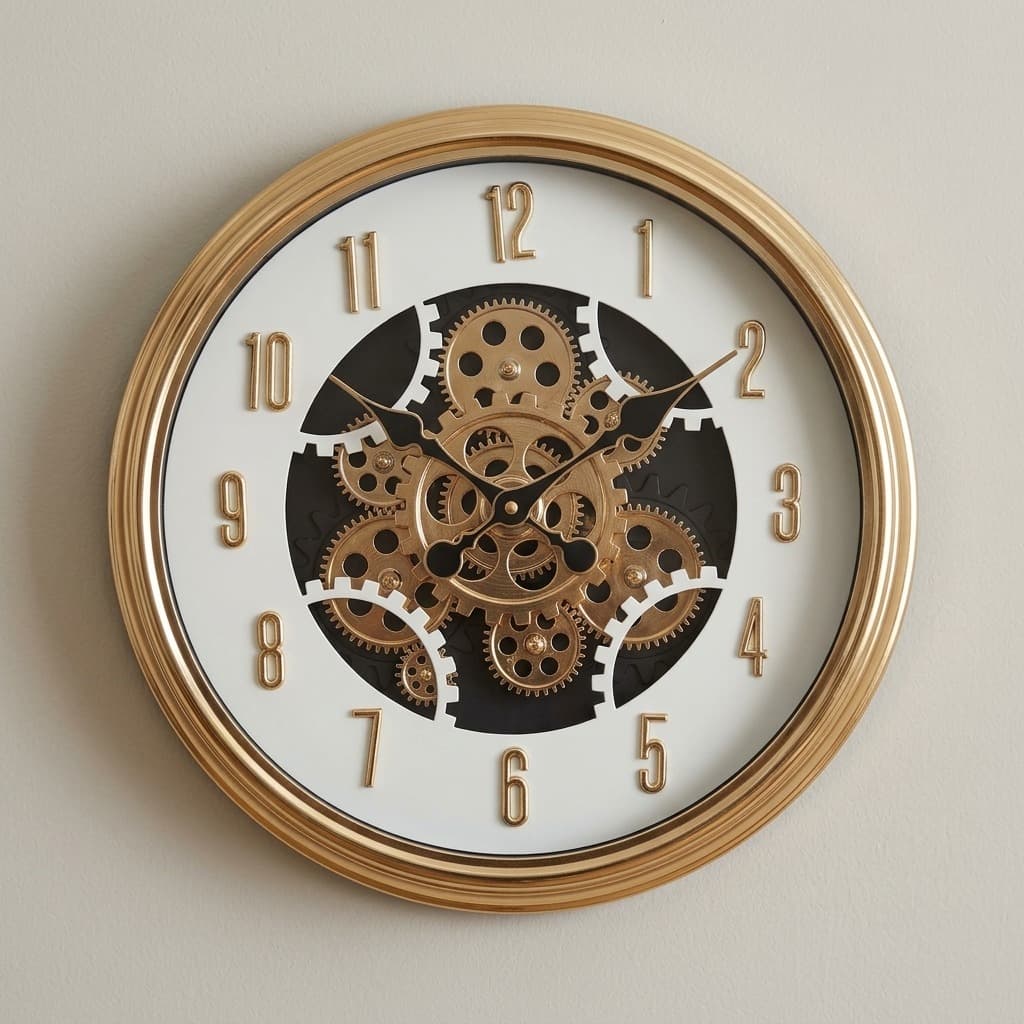 Modern Gold and White Moving Gear Wall Clock