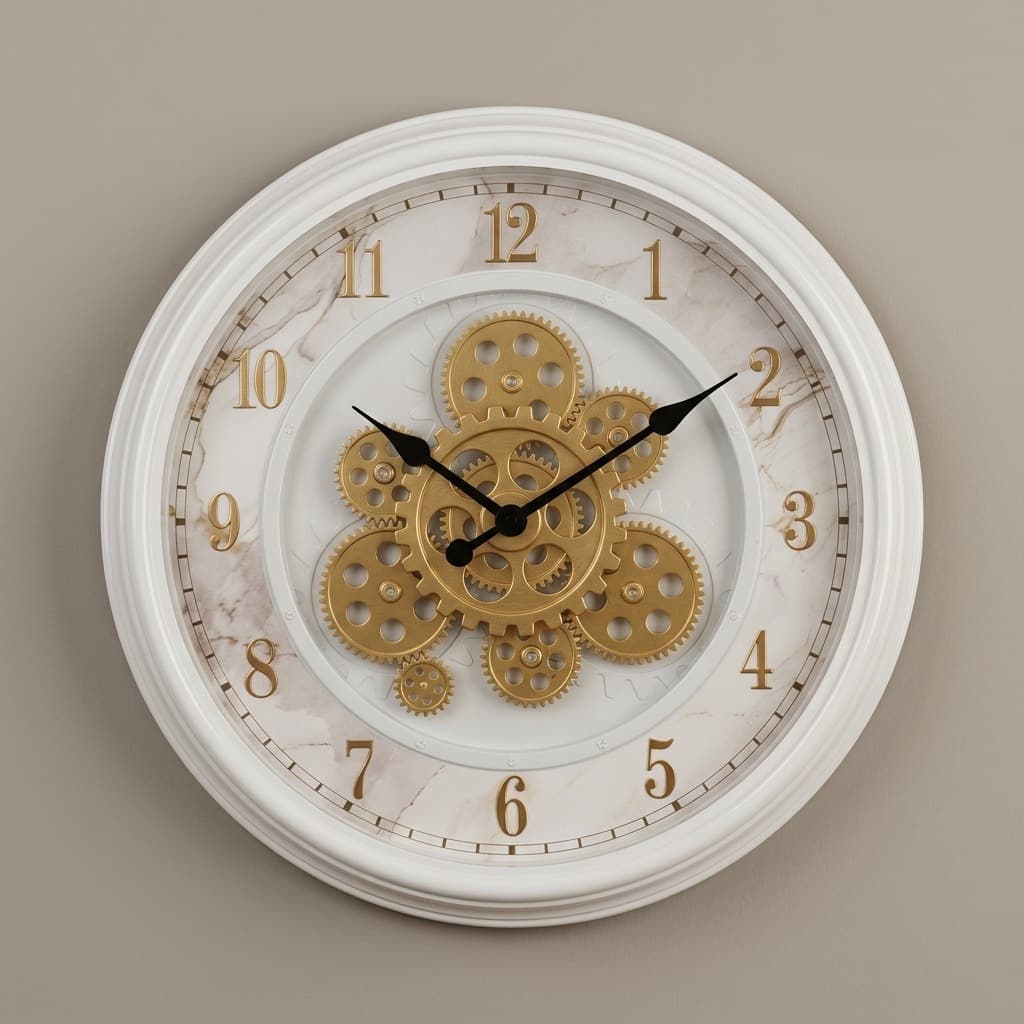 White and Gold Moving Gear Faux Marble Wall Clock