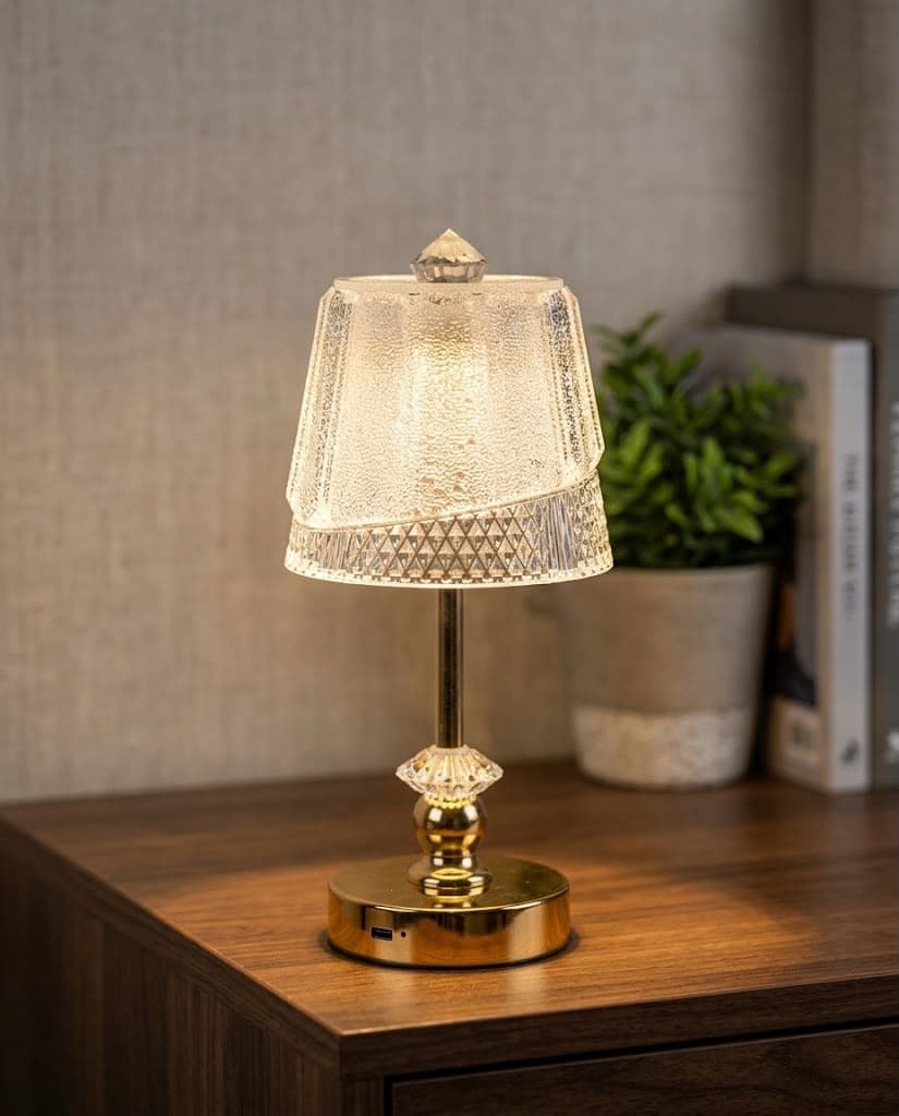 Rechargeable Cut-Crystal and Gold Table Lamp