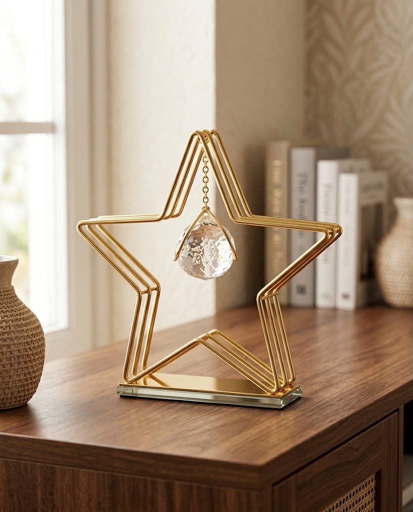 Gold Triple-Wire Star Sculpture with Hanging Crystal Ball