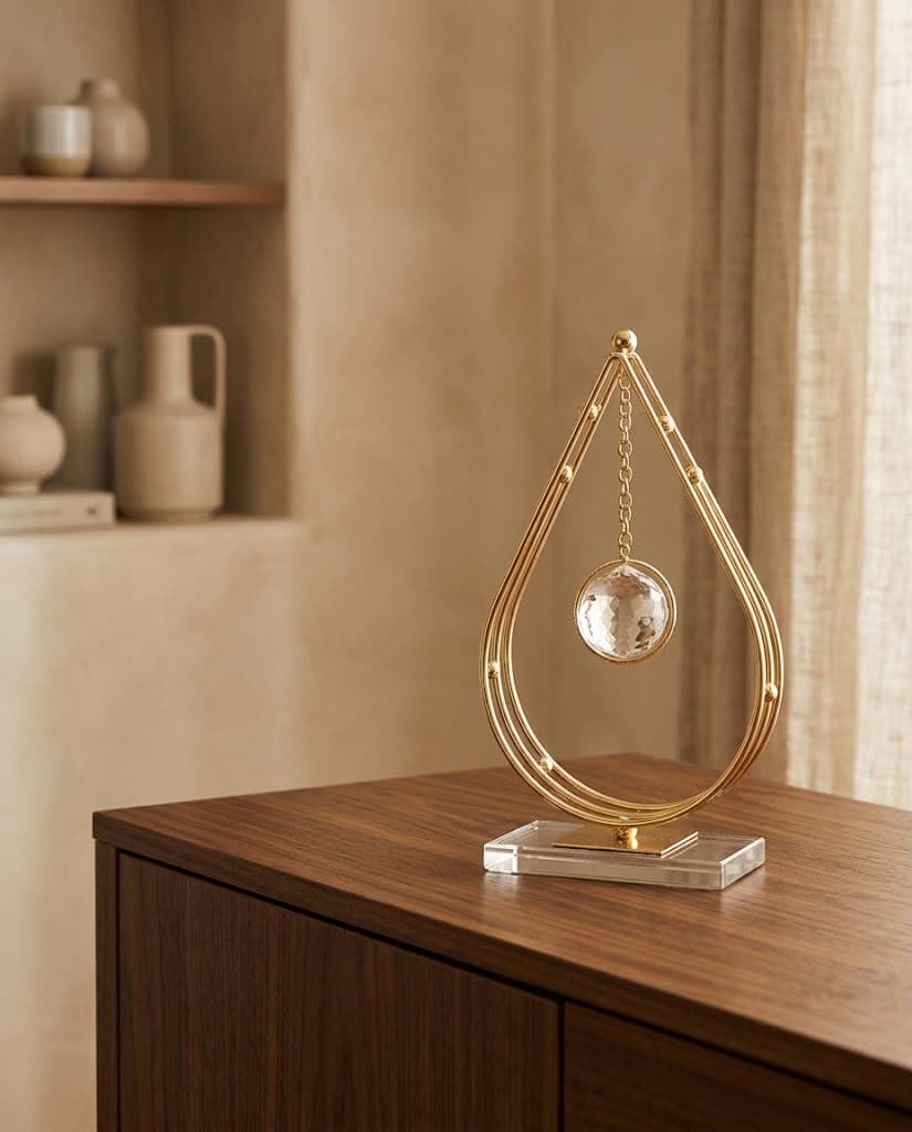 Gold Teardrop Wire Sculpture with Hanging Crystal Ball
